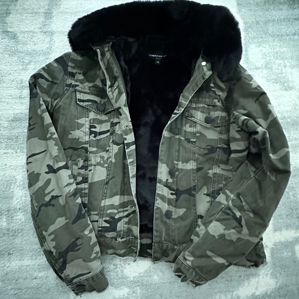 Generation Love Camouflage Jacket with Black Faux Fur Collar and Lining